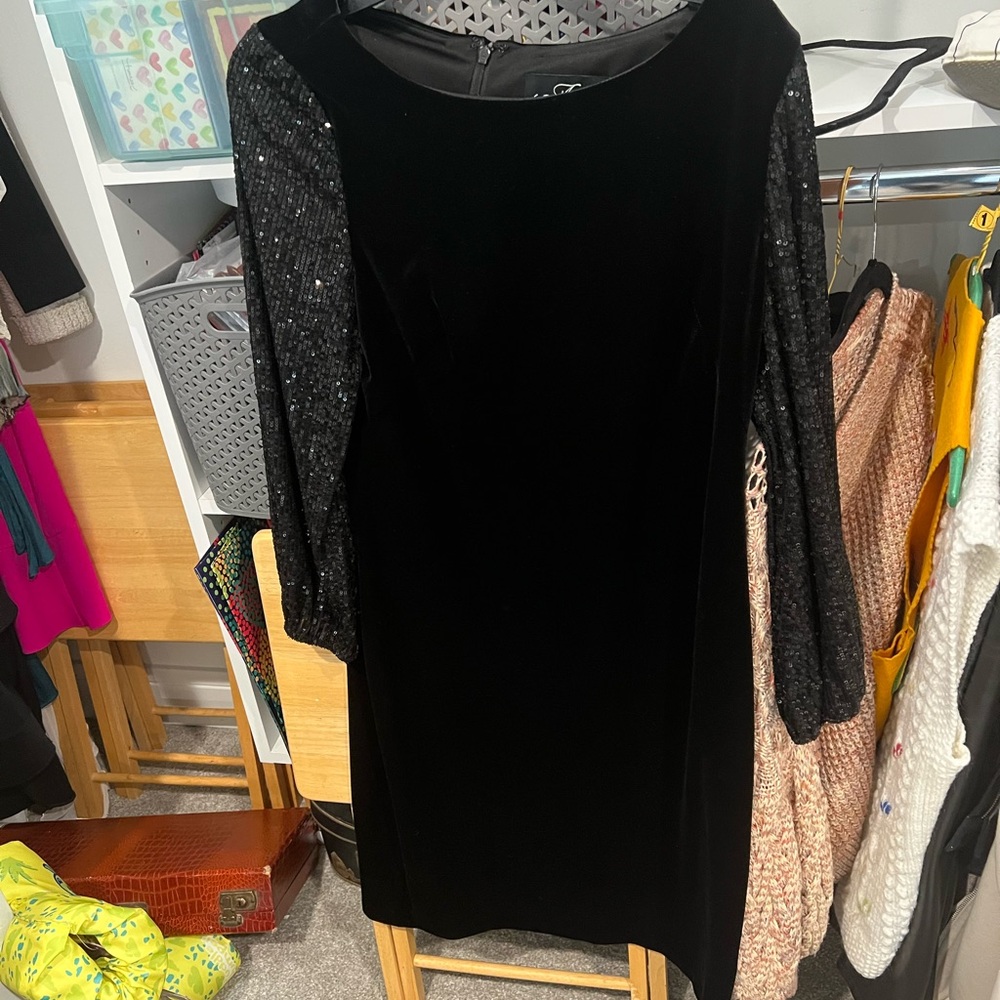 Alex Evenings Black Sheath Dress Long Sleeve Crew Neck